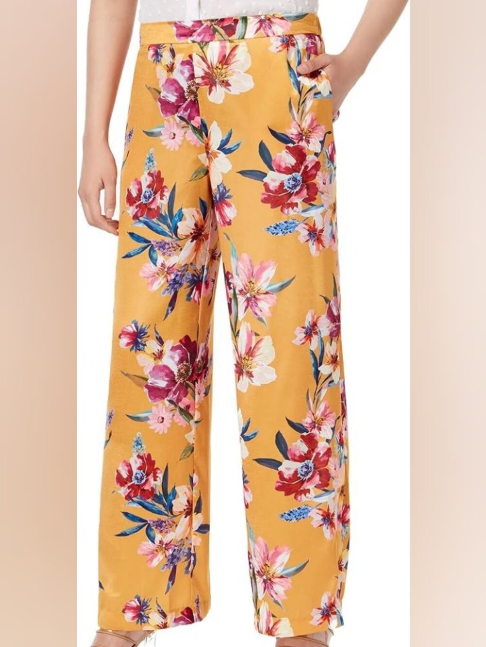 Floral Wide-Leg Pants in Mustard Yellow